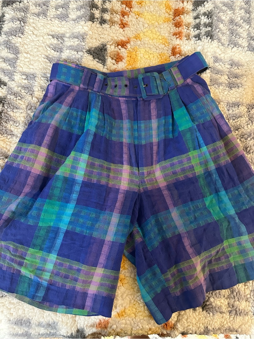 Illustrations Women’s Plaid High Waisted Shorts Size 8 Belted Vintage Style